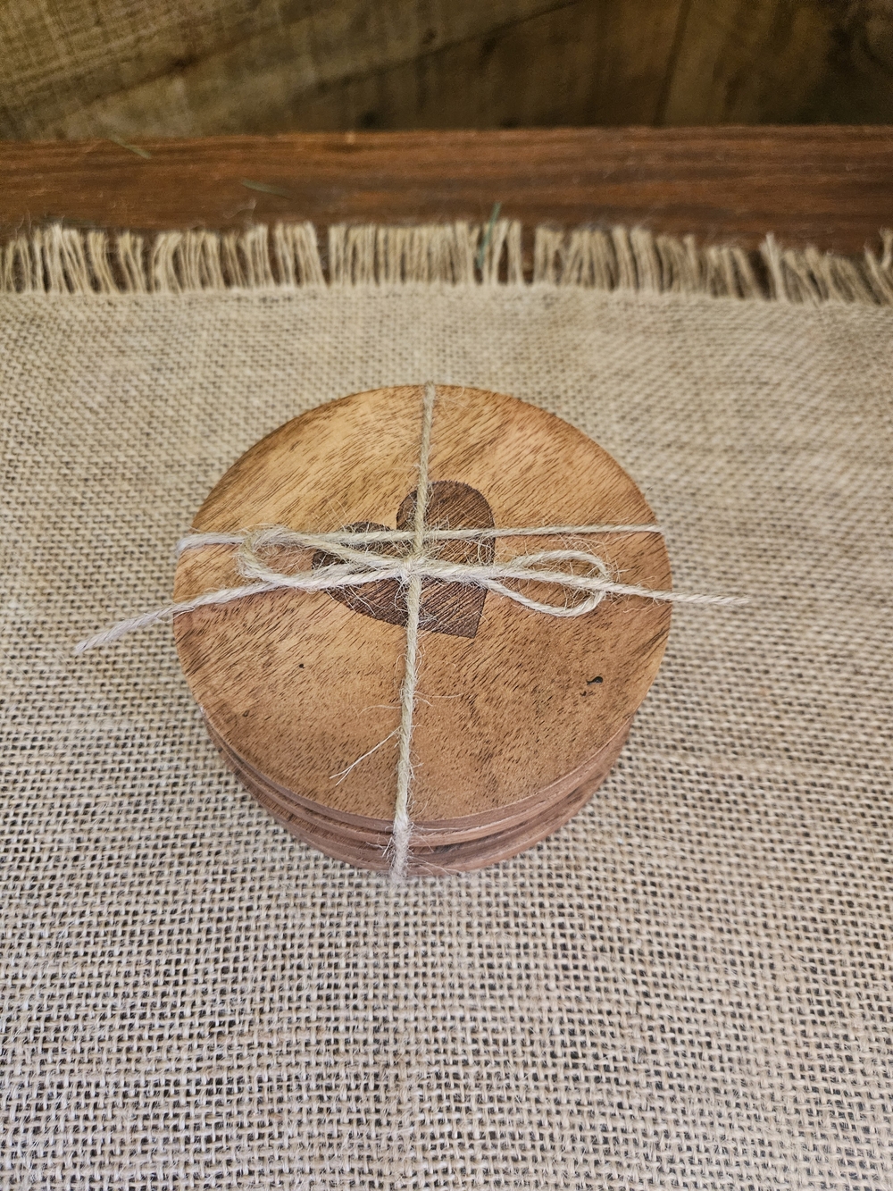Round Wooden Coaster Set with Heart Inlay Set Of 4